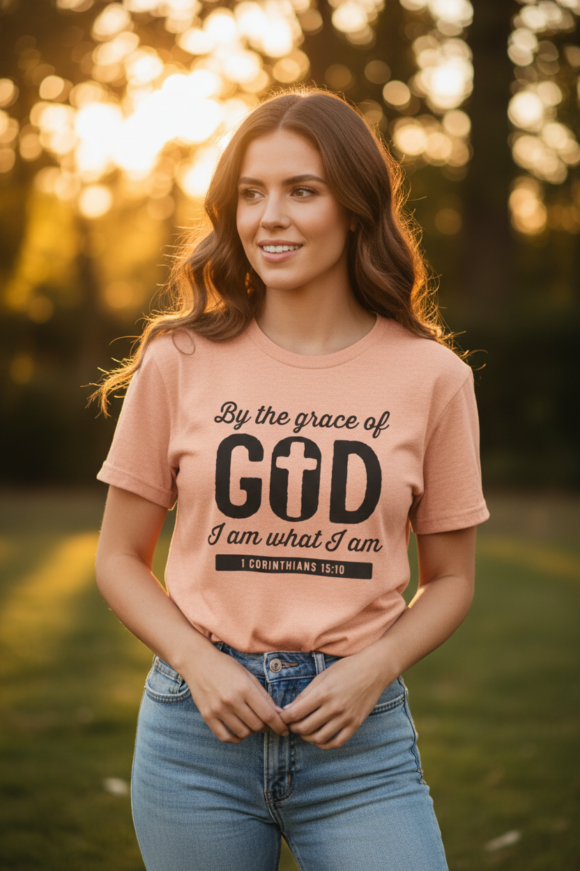 Woman wearing the By the Grace of God I Am What I Am Christian tee outdoors in golden hour light