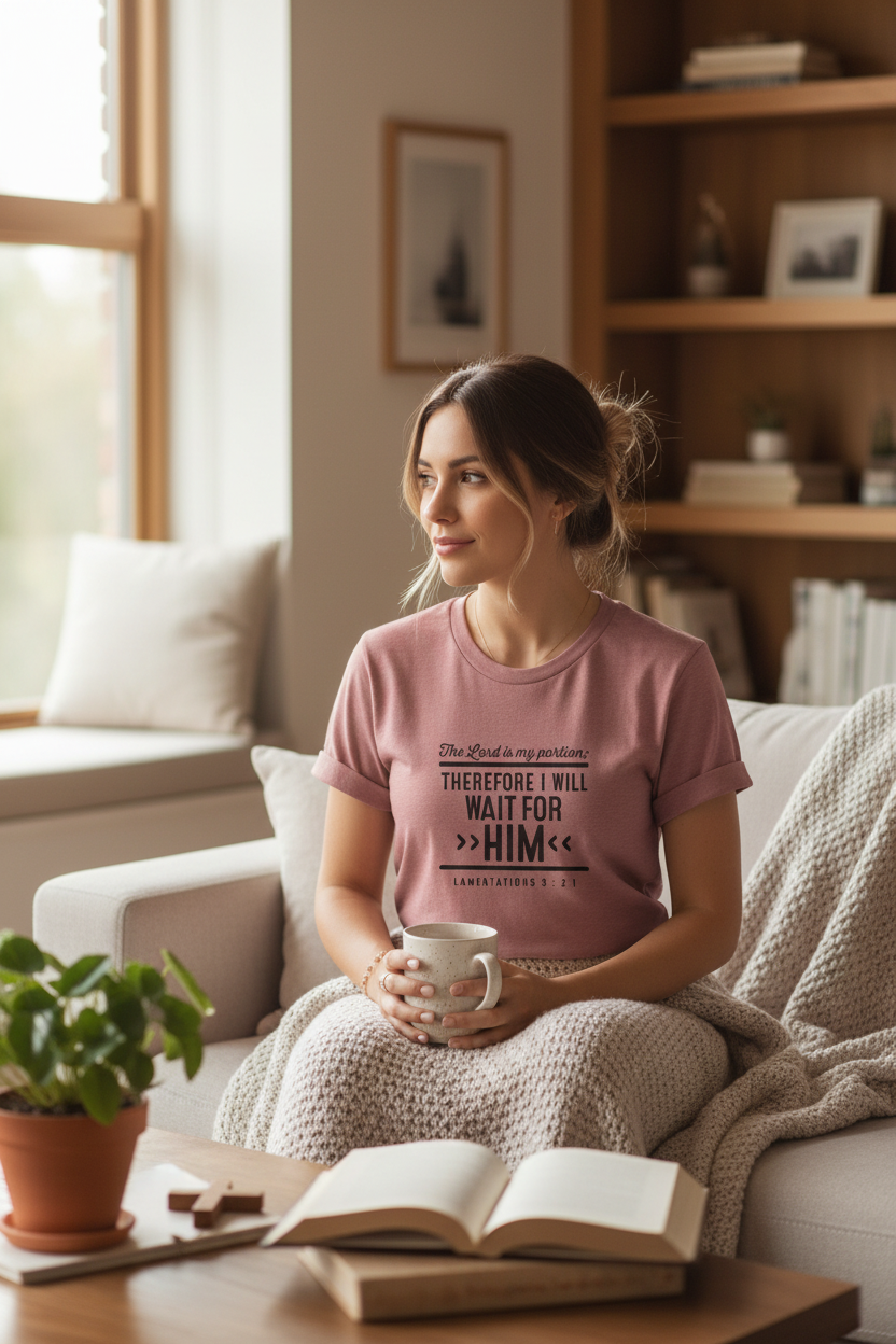 Woman wearing the Therefore I Will Wait for Him Lamentations 3:21 mauve Christian tee in a cozy indoor setting