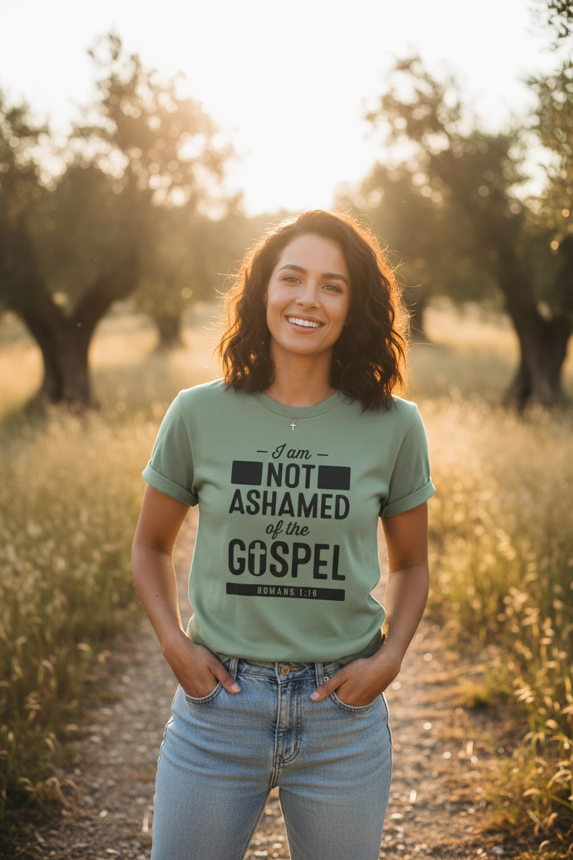 Woman wearing the I Am Not Ashamed of the Gospel Romans 1:16 sage green Christian tee outdoors