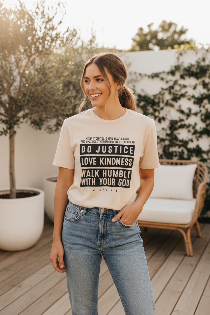 Woman wearing the Do Justice Love Kindness Walk Humbly Micah 6:8 Christian tee outdoors in natural light